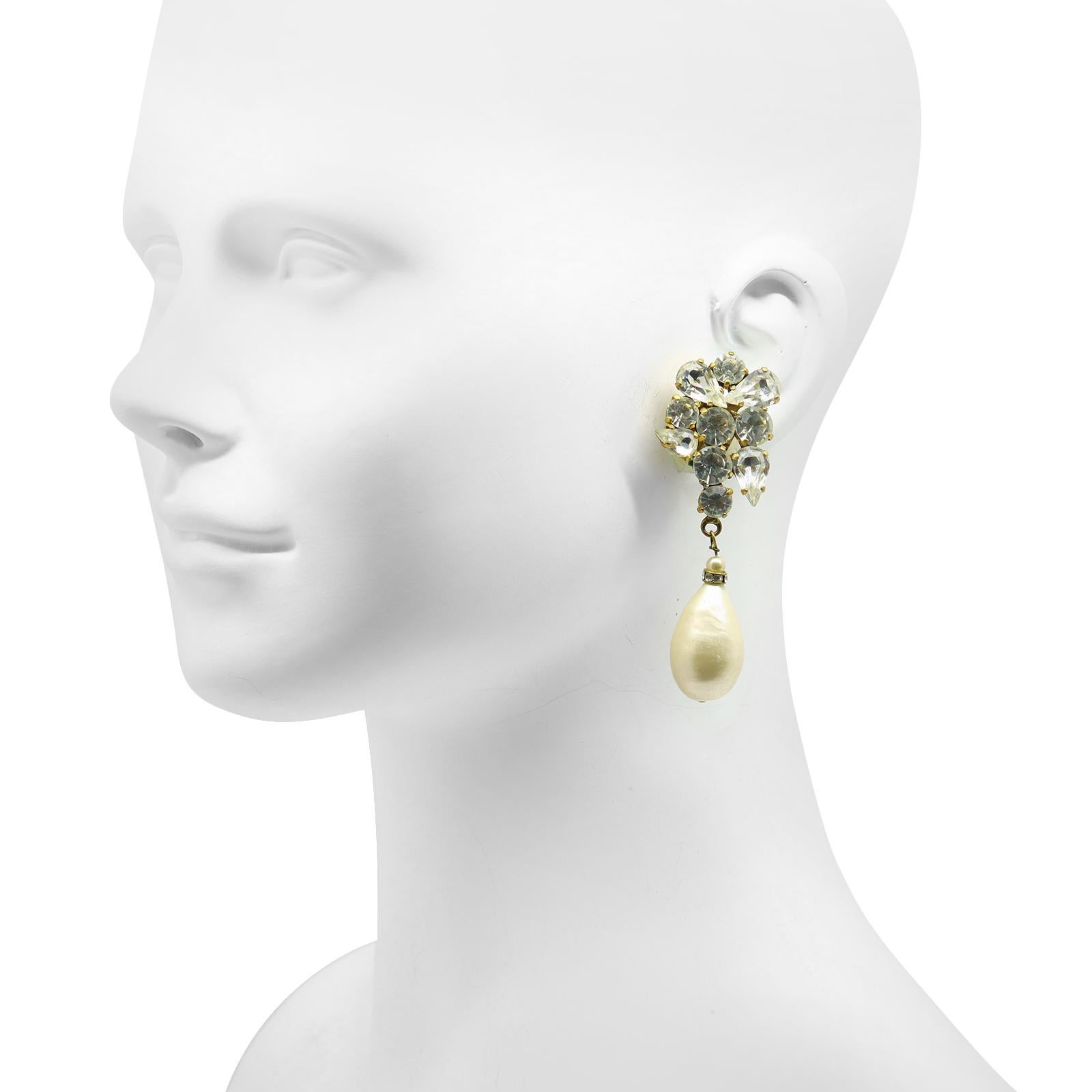 Vintage Yves Saint Laurent YSL Haute Couture Gold Pearl Dangling  Earrings.  These were created for the Defile, also known as the runway.  No signature.  They have Diamante at the top with Rondelles and a dangling Pearl at the Bottom. Very Classic