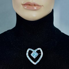 Vintage YVES SAINT LAURENT Ysl Heart Blue Rhinestone Silver Brooch