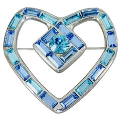 Vintage YVES SAINT LAURENT Ysl Heart Blue Rhinestone Silver Brooch