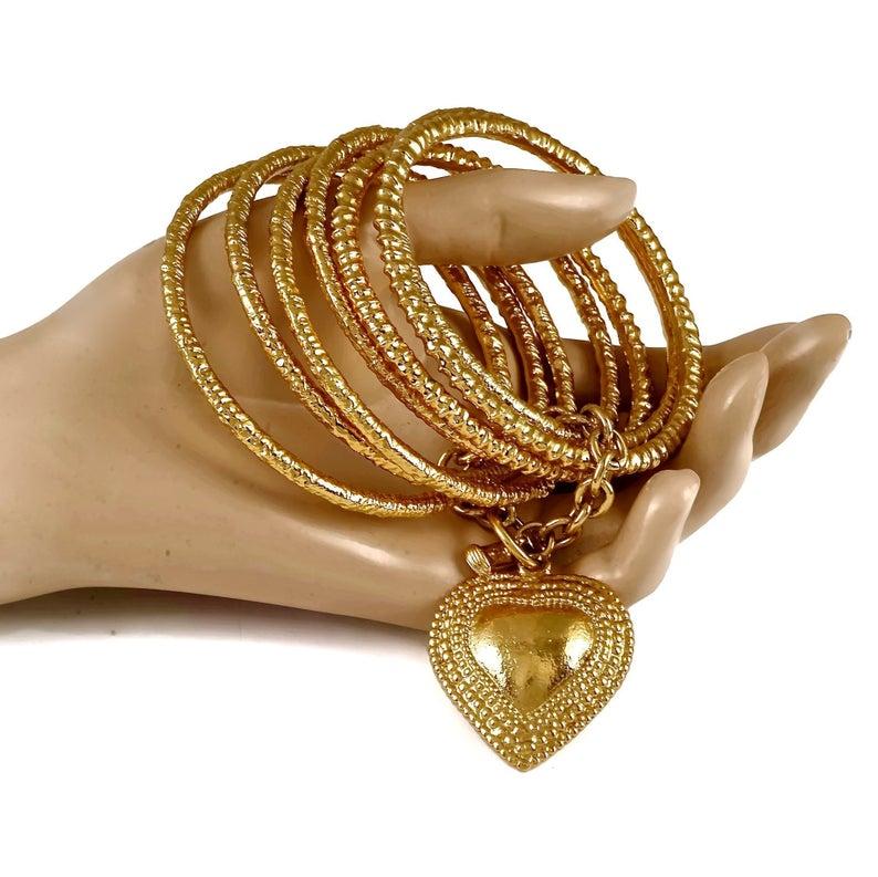 Vintage YVES SAINT LAURENT Ysl Heart Charm Stack Bangles Cuff Bracelet 2