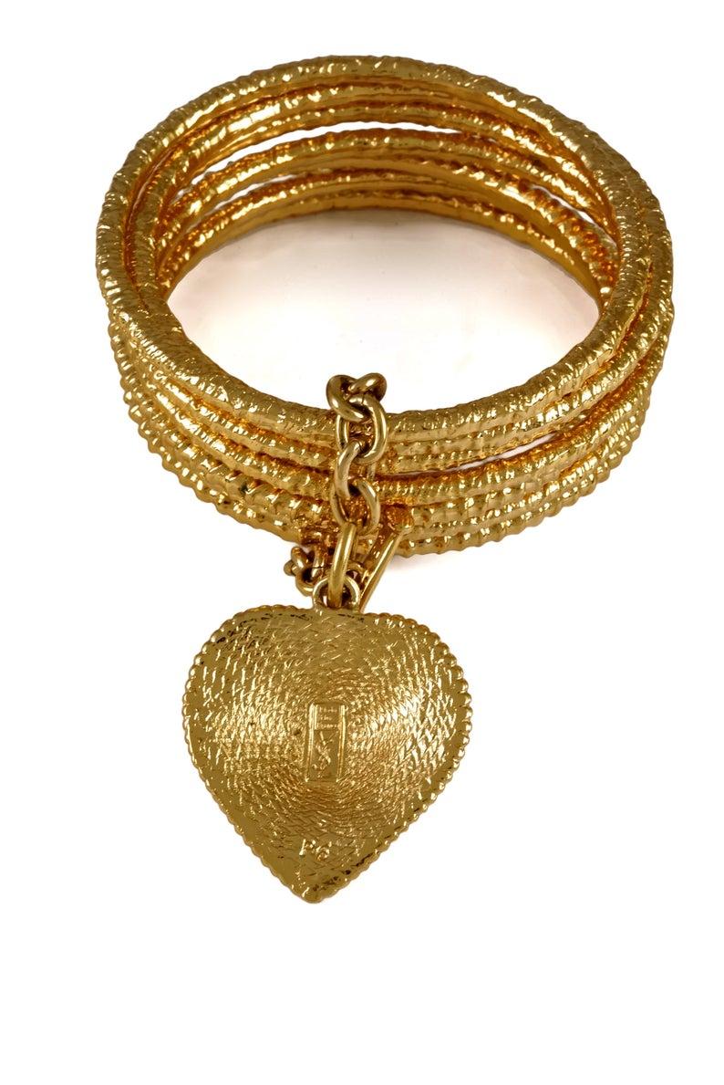 Vintage YVES SAINT LAURENT Ysl Heart Charm Stack Bangles Cuff Bracelet 4