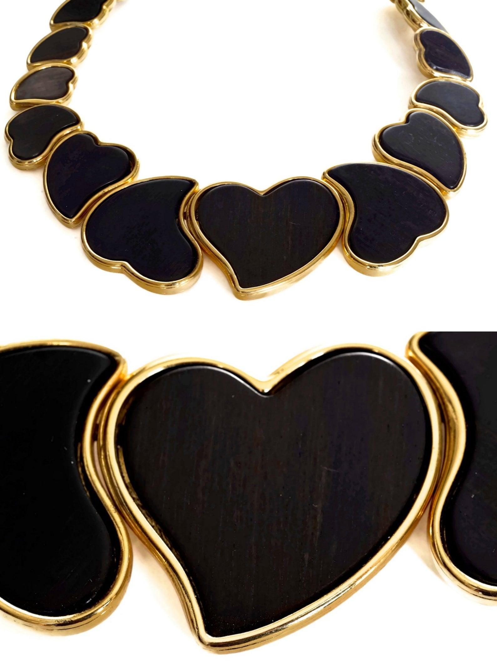 Vintage YVES SAINT LAURENT Ysl Heart Graduated Ebony Wood Choker Necklace 2