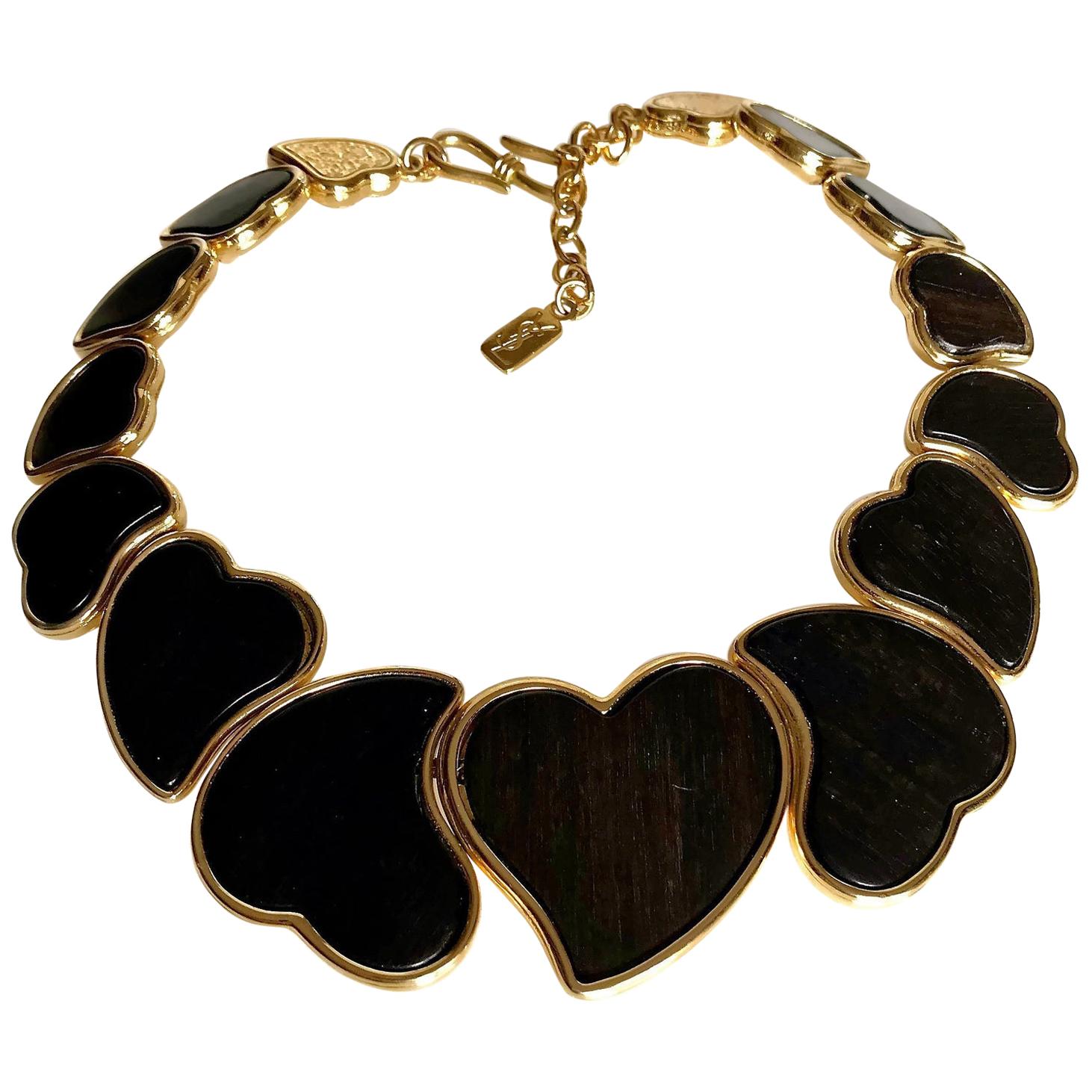 Vintage YVES SAINT LAURENT Ysl Heart Graduated Ebony Wood Choker Necklace