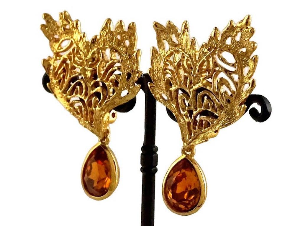 Women's Vintage YVES SAINT LAURENT Ysl Heart Lace Amber Dangling Earrings For Sale