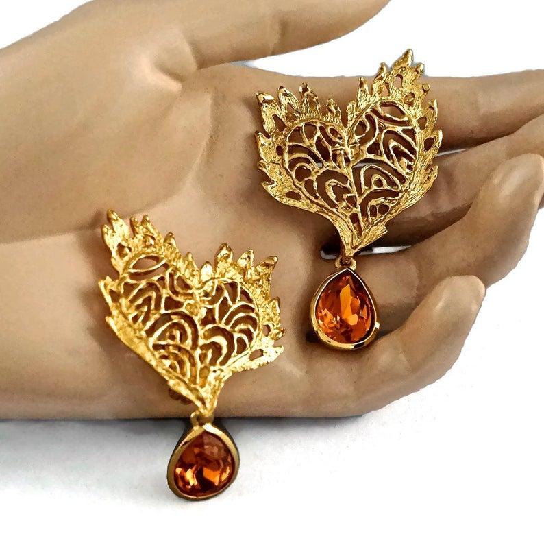 Vintage YVES SAINT LAURENT Ysl Heart Lace Amber Dangling Earrings For Sale 3