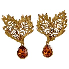 Vintage YVES SAINT LAURENT Ysl Heart Lace Amber Dangling Earrings