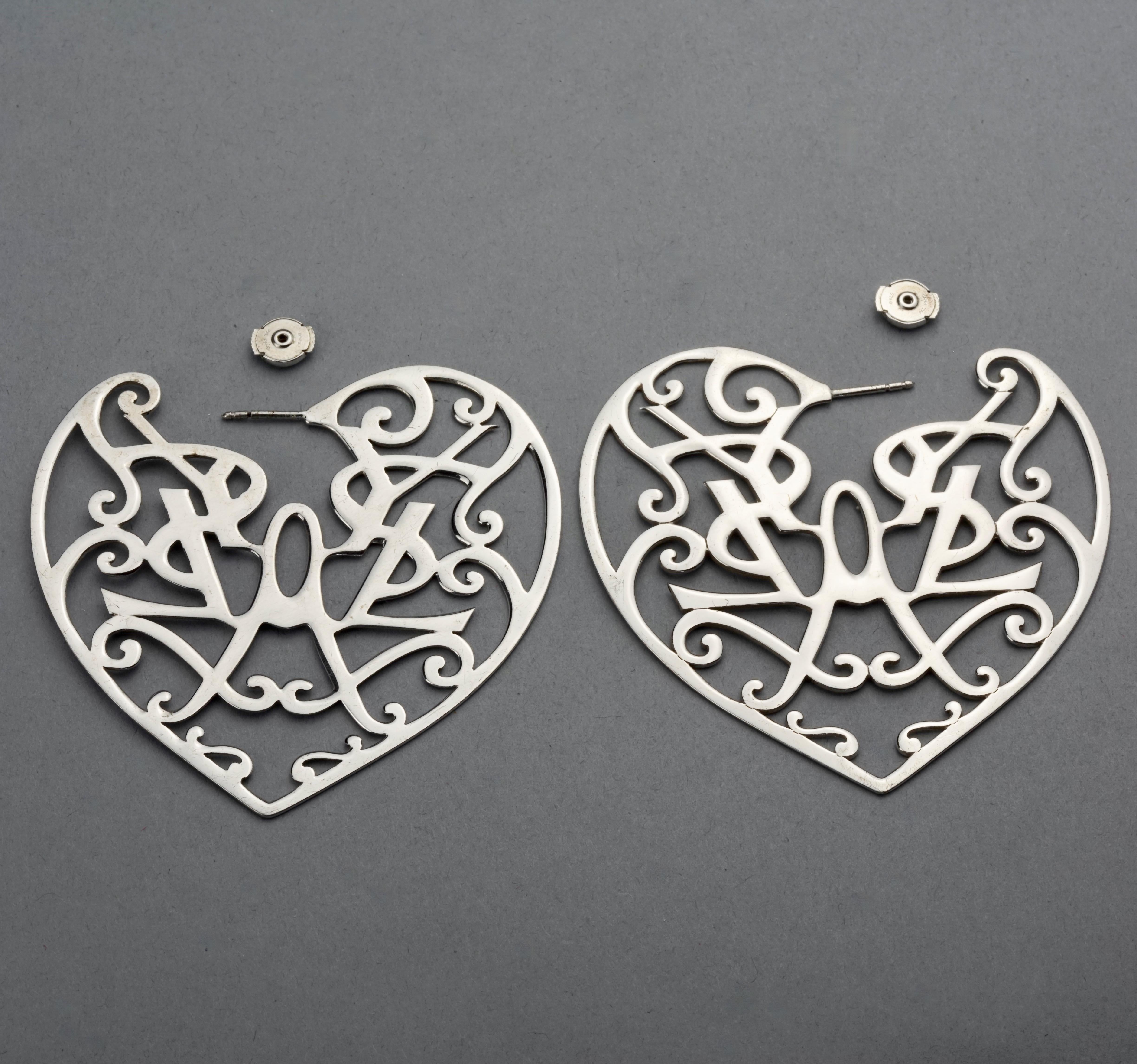Vintage YVES SAINT LAURENT Ysl Heart Logo Abstract Openwork Hoop Silver Earrings For Sale 3