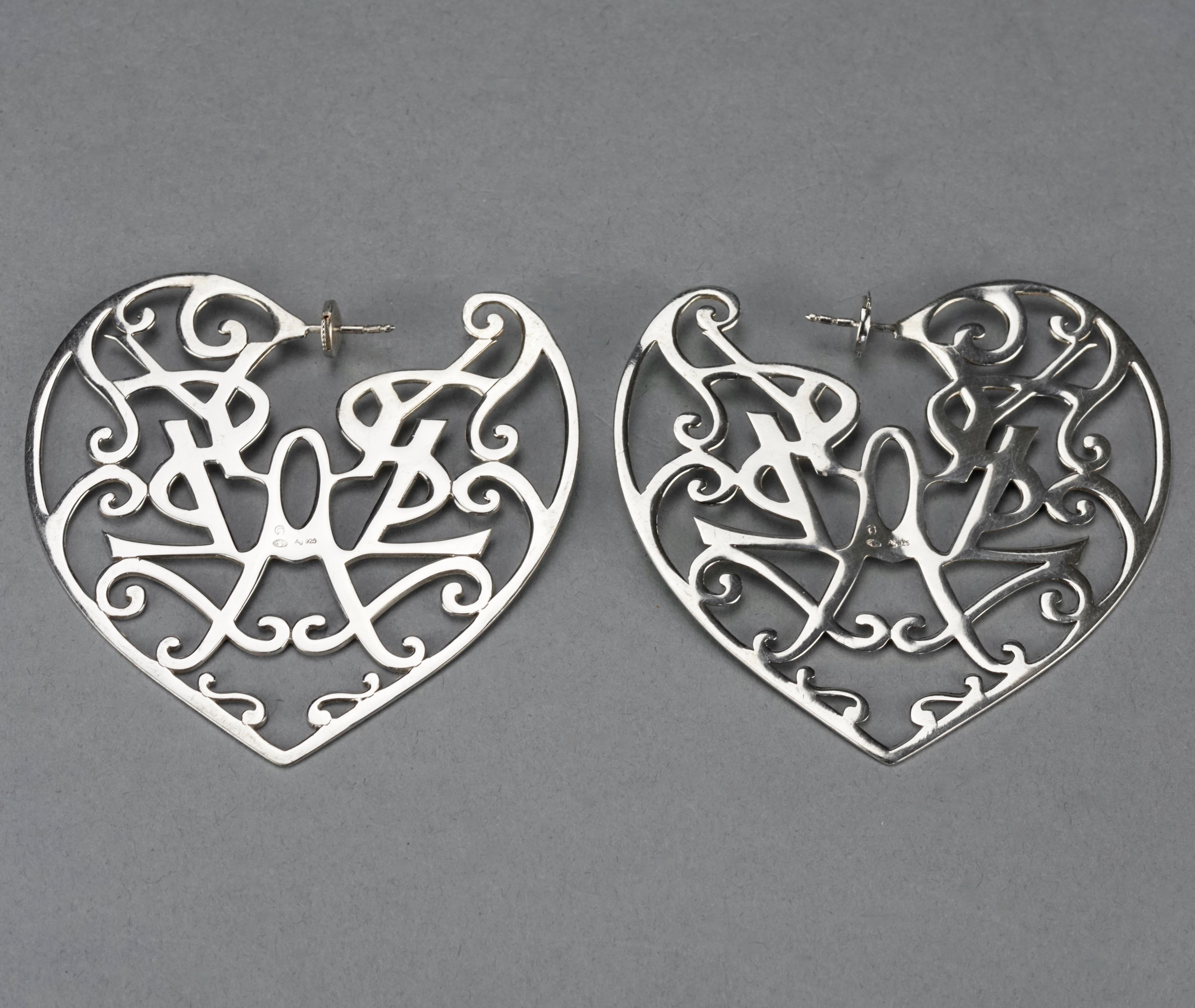 Vintage YVES SAINT LAURENT Ysl Heart Logo Abstract Openwork Hoop Silver Earrings For Sale 1