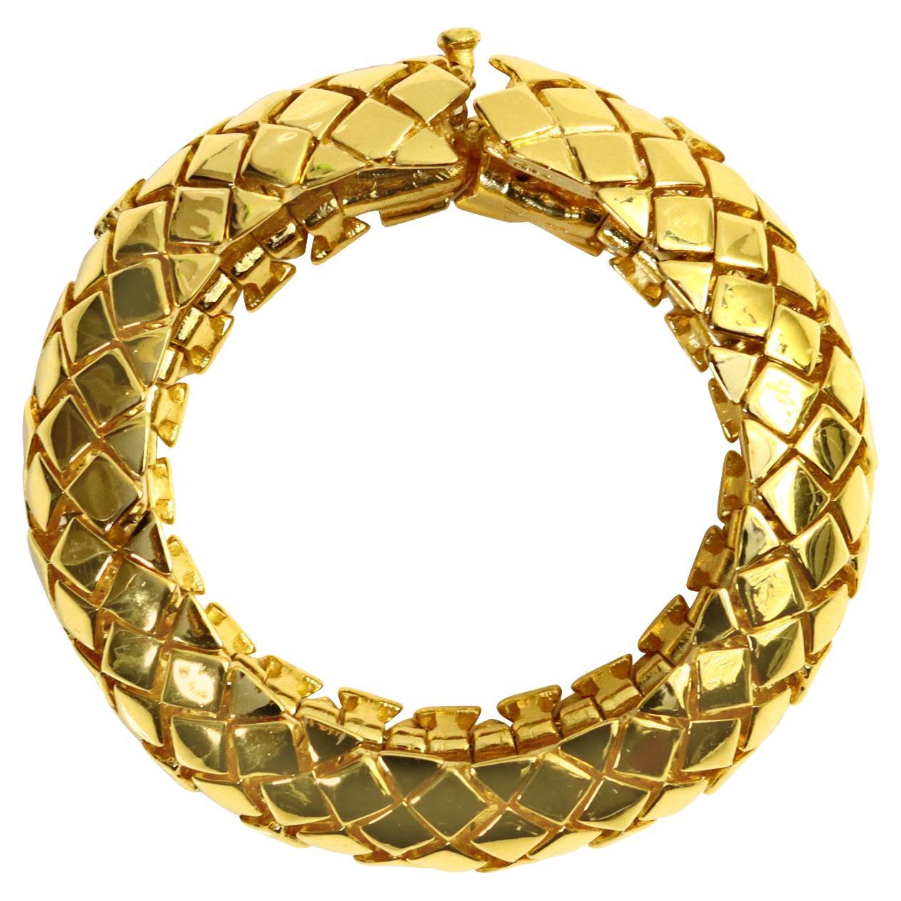 Vintage Yves Saint Laurent YSL Heavy Gold Quilted Bracelet Circa 1980s