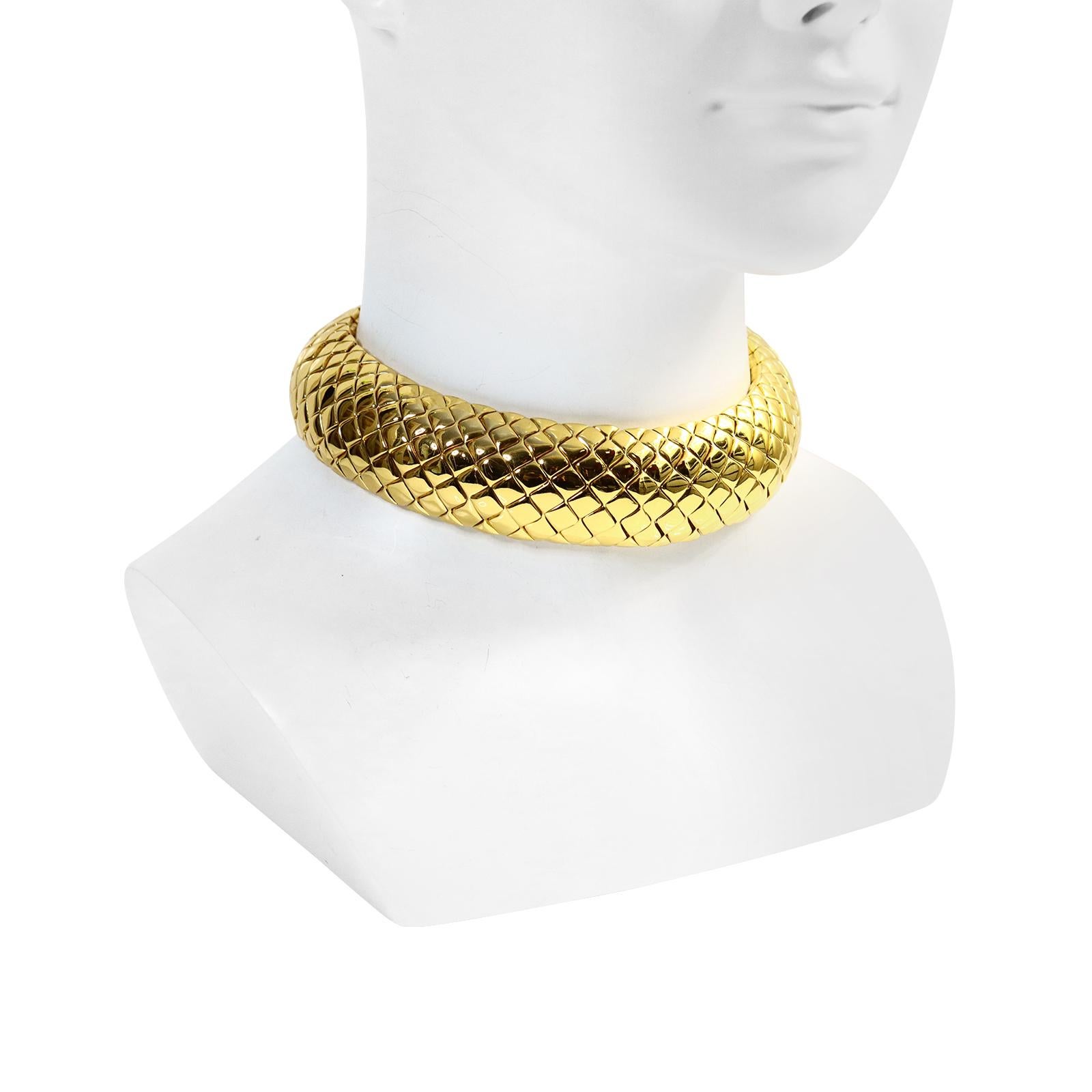 Vintage Yves Saint Laurent YSL Heavy Gold Quilted Choker Necklace. Quilting make up this Rounded Choker Necklace. This is a classic piece that will always be in style.  The quilting was used by Chanel and by YSL. You will always look elevated and