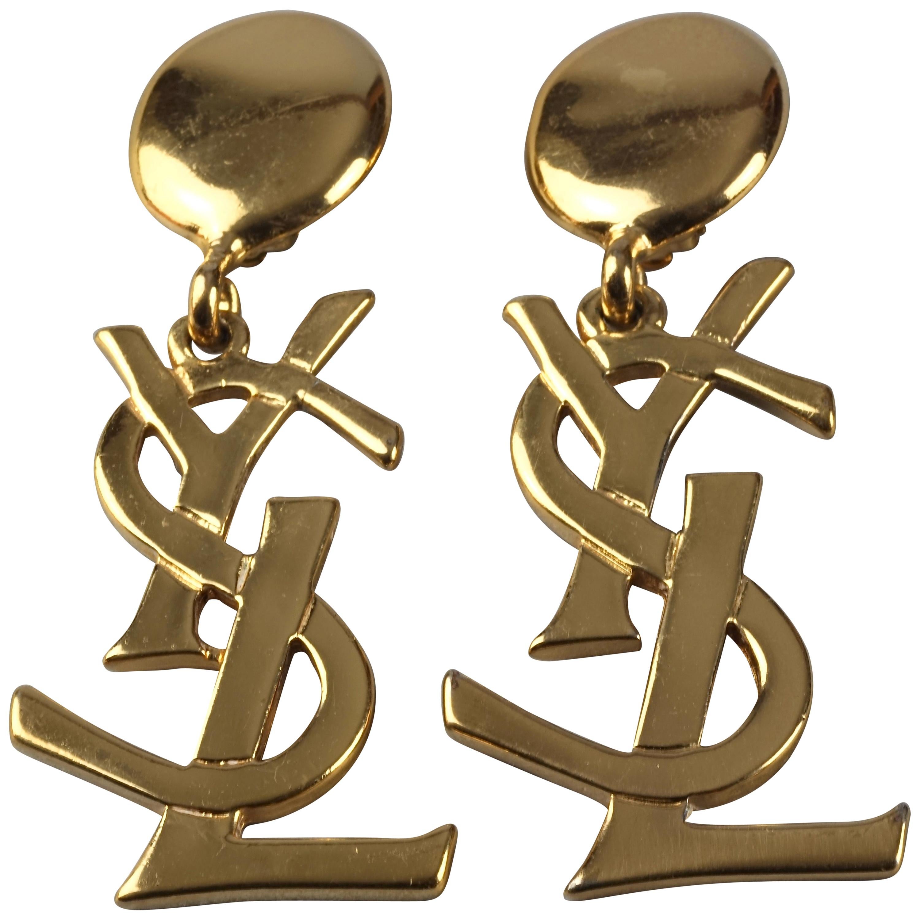 Vintage YVES SAINT LAURENT Ysl Iconic Logo Drop Earrings - Sex and The City