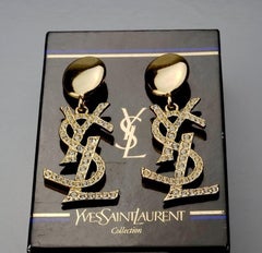 Vintage YVES SAINT LAURENT Ysl Iconic Logo Rhinestone Dangling Earrings