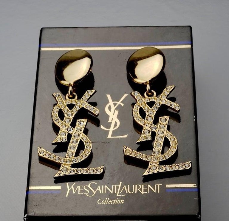Vintage YVES SAINT LAURENT Ysl Iconic Logo Rhinestone Dangling Earrings