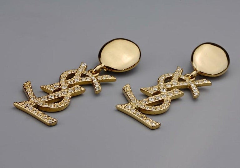 Vintage YVES SAINT LAURENT Ysl Iconic Logo Rhinestone Dangling Earrings