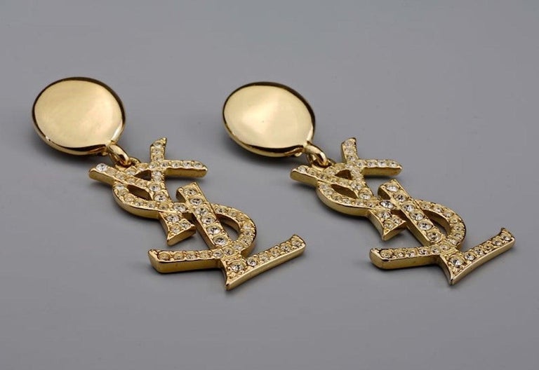 Vintage YVES SAINT LAURENT Ysl Iconic Logo Rhinestone Dangling Earrings ...