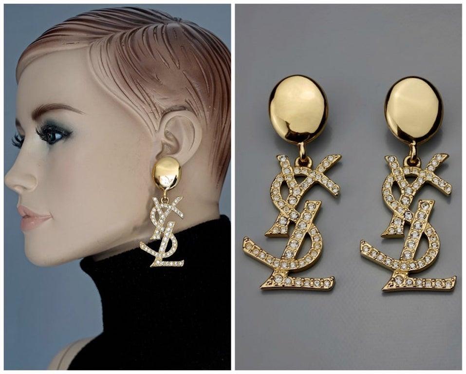 Vintage YVES SAINT LAURENT Ysl Iconic Logo Rhinestone Dangling Earrings 2