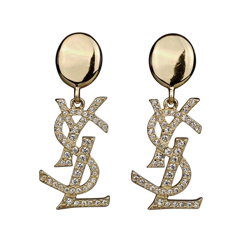 Vintage YVES SAINT LAURENT Ysl Iconic Logo Rhinestone Dangling Earrings