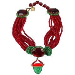 Vintage YVES SAINT LAURENT Ysl Iconic Red Green Glass Bead Necklace