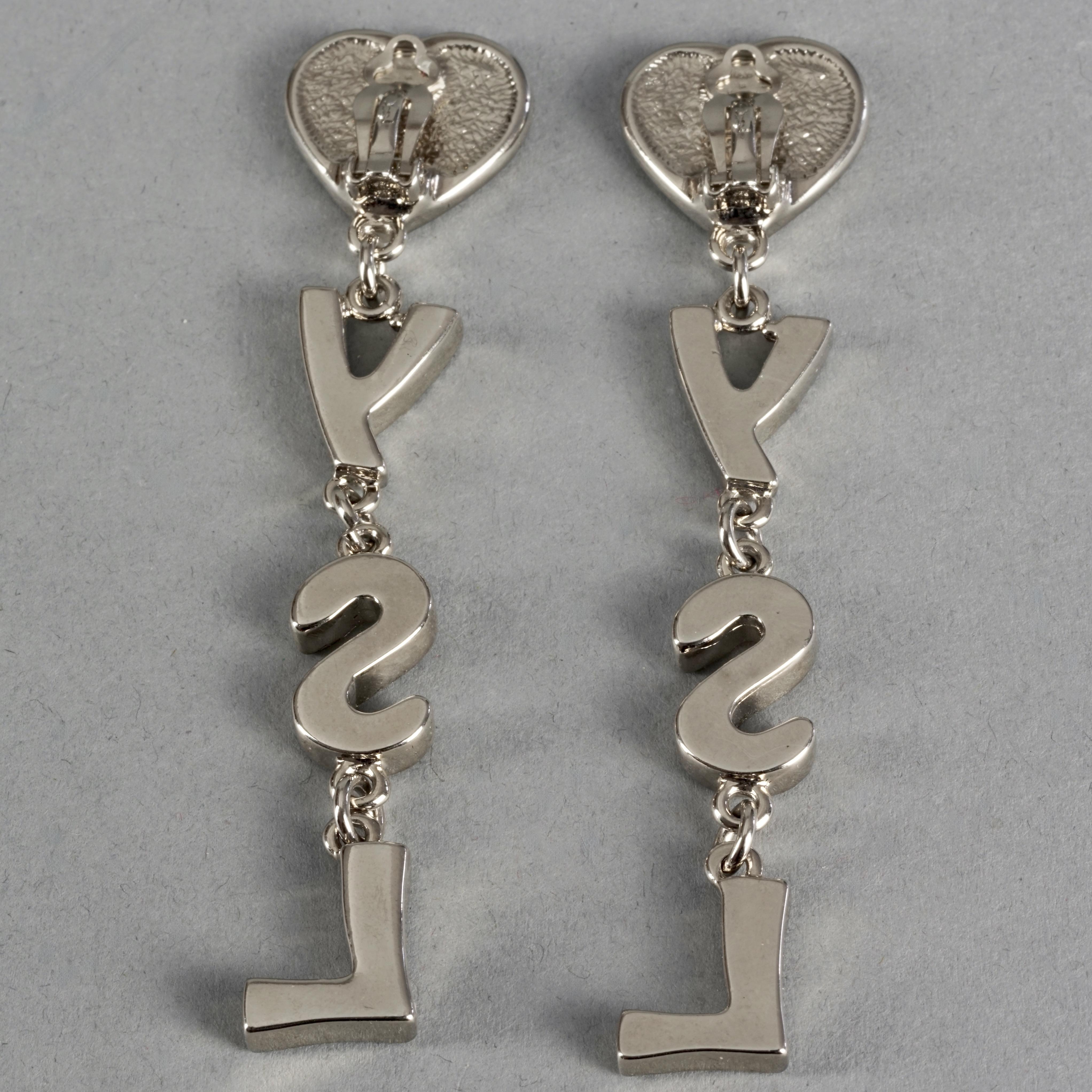 Vintage YVES SAINT LAURENT Ysl Initials Heart Rhinestone Dangling Earrings For Sale 3