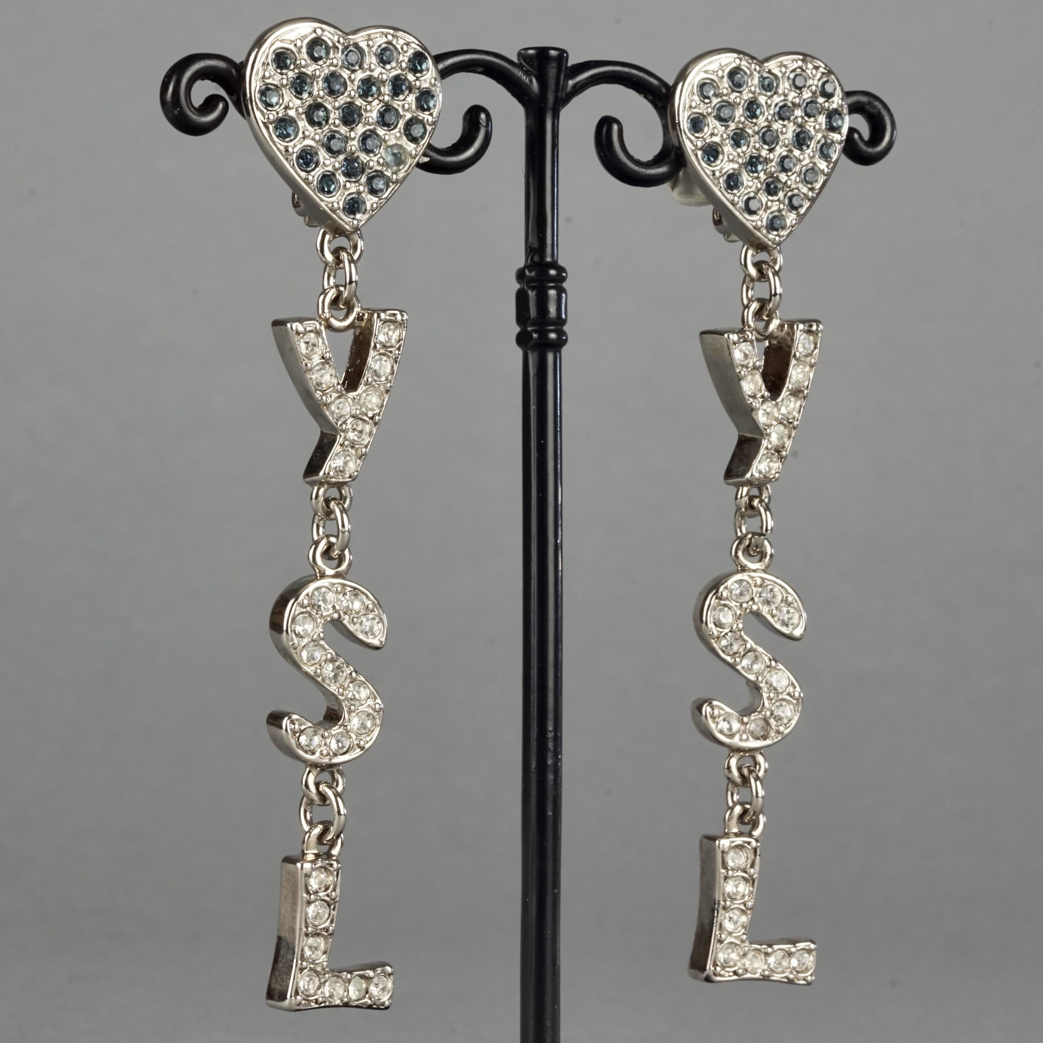 Vintage YVES SAINT LAURENT Ysl Initials Heart Rhinestone Dangling Earrings For Sale 1