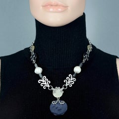 Vintage YVES SAINT LAURENT Ysl Intricate Blue Nacre Medallion Silver Necklace