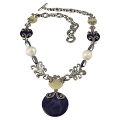 Vintage YVES SAINT LAURENT Ysl Intricate Blue Nacre Medallion Silver Necklace