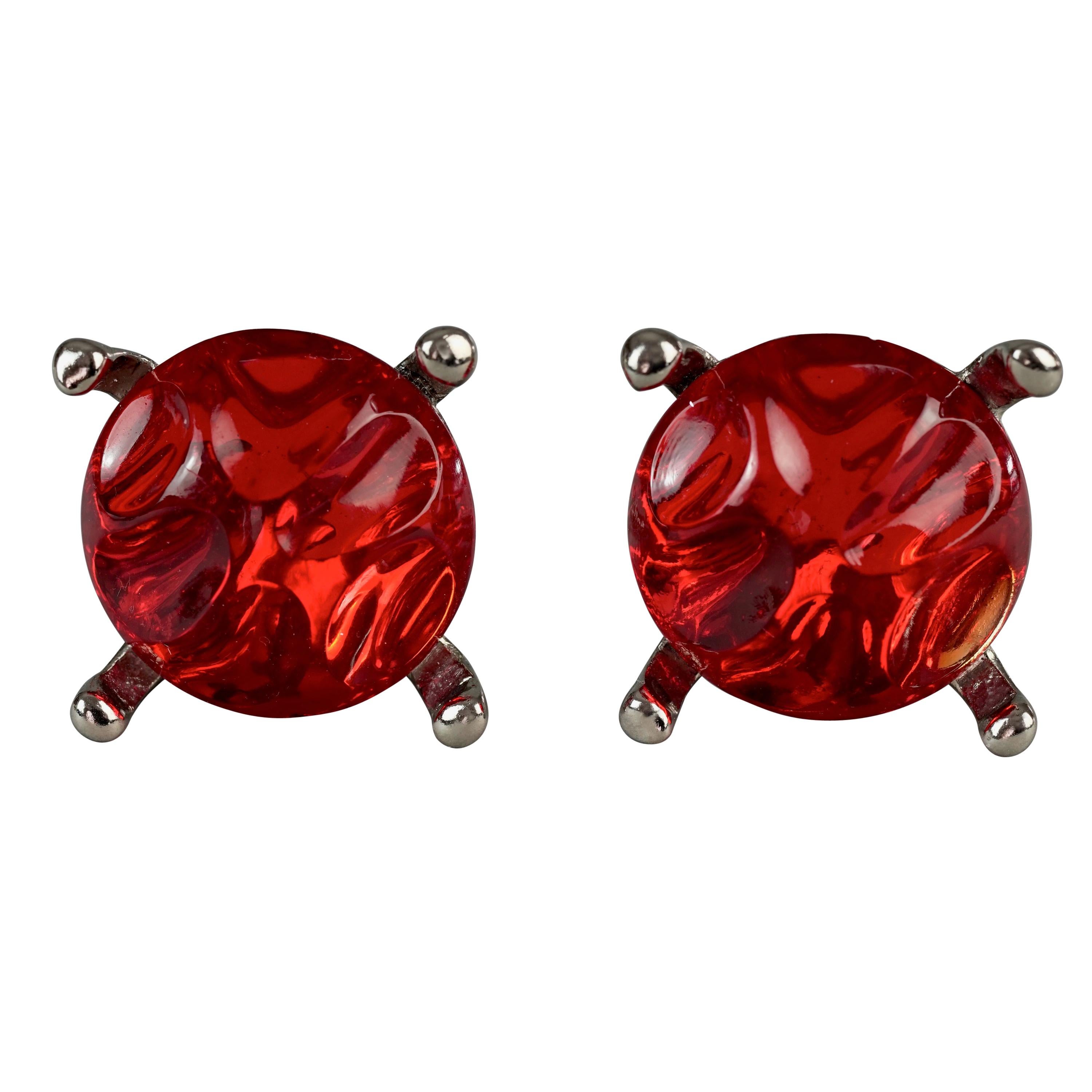 Vintage YVES SAINT LAURENT Ysl Irregular Red Glass Cabochon Earrings For Sale