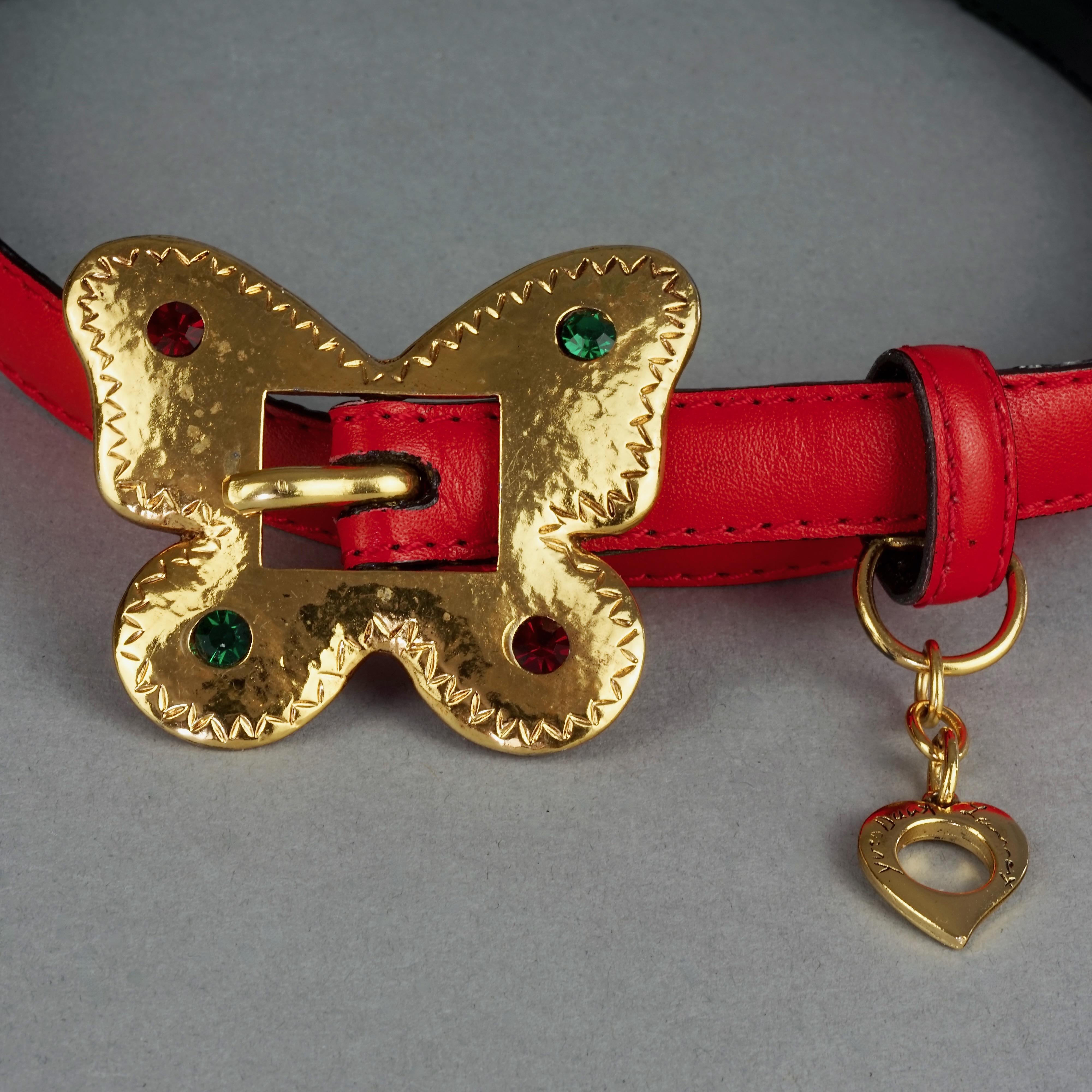 Vintage YVES SAINT LAURENT Ysl Jewelled Butterfly Red Leather Belt In Good Condition For Sale In Kingersheim, Alsace