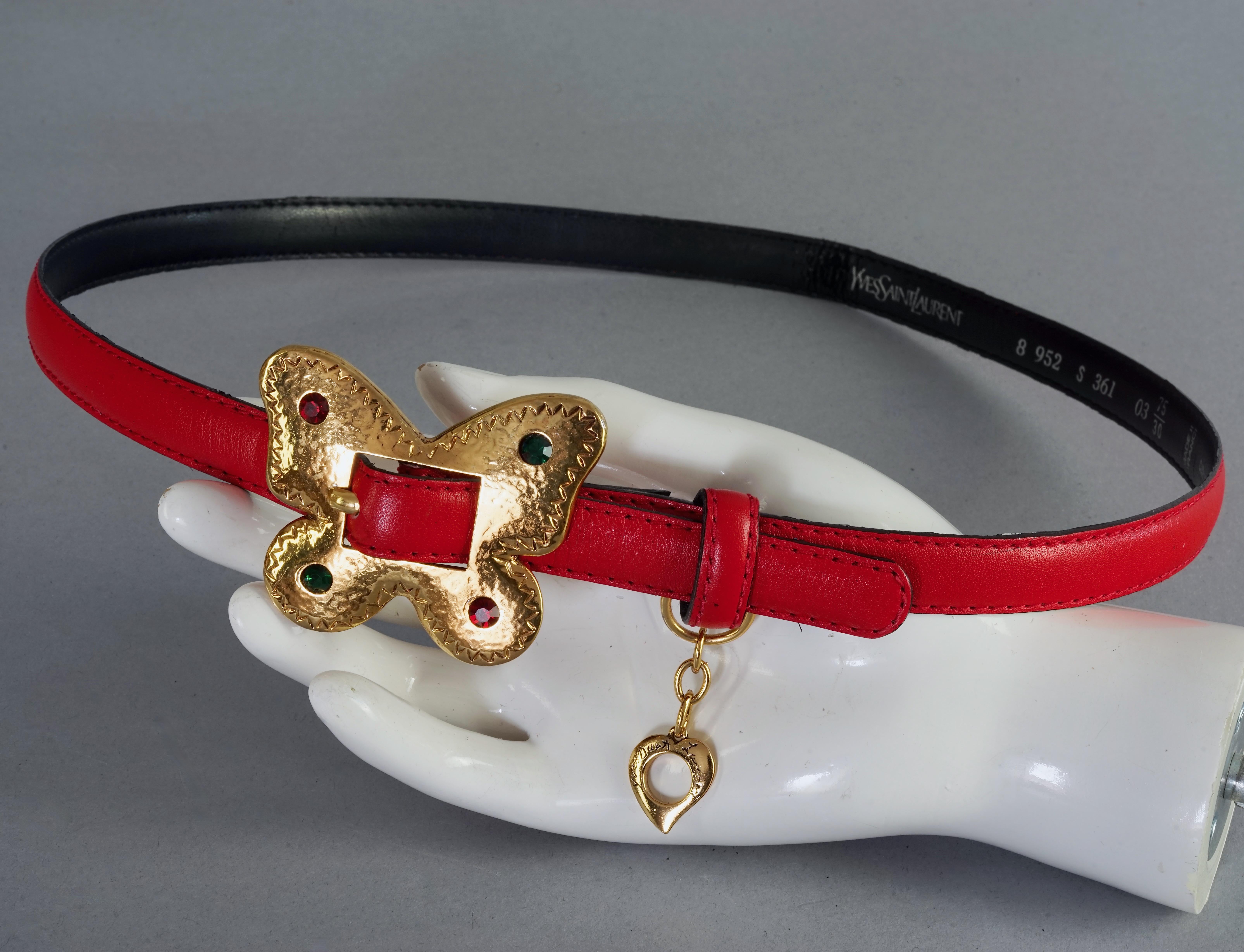 Vintage YVES SAINT LAURENT Ysl Jewelled Butterfly Red Leather Belt For Sale 4