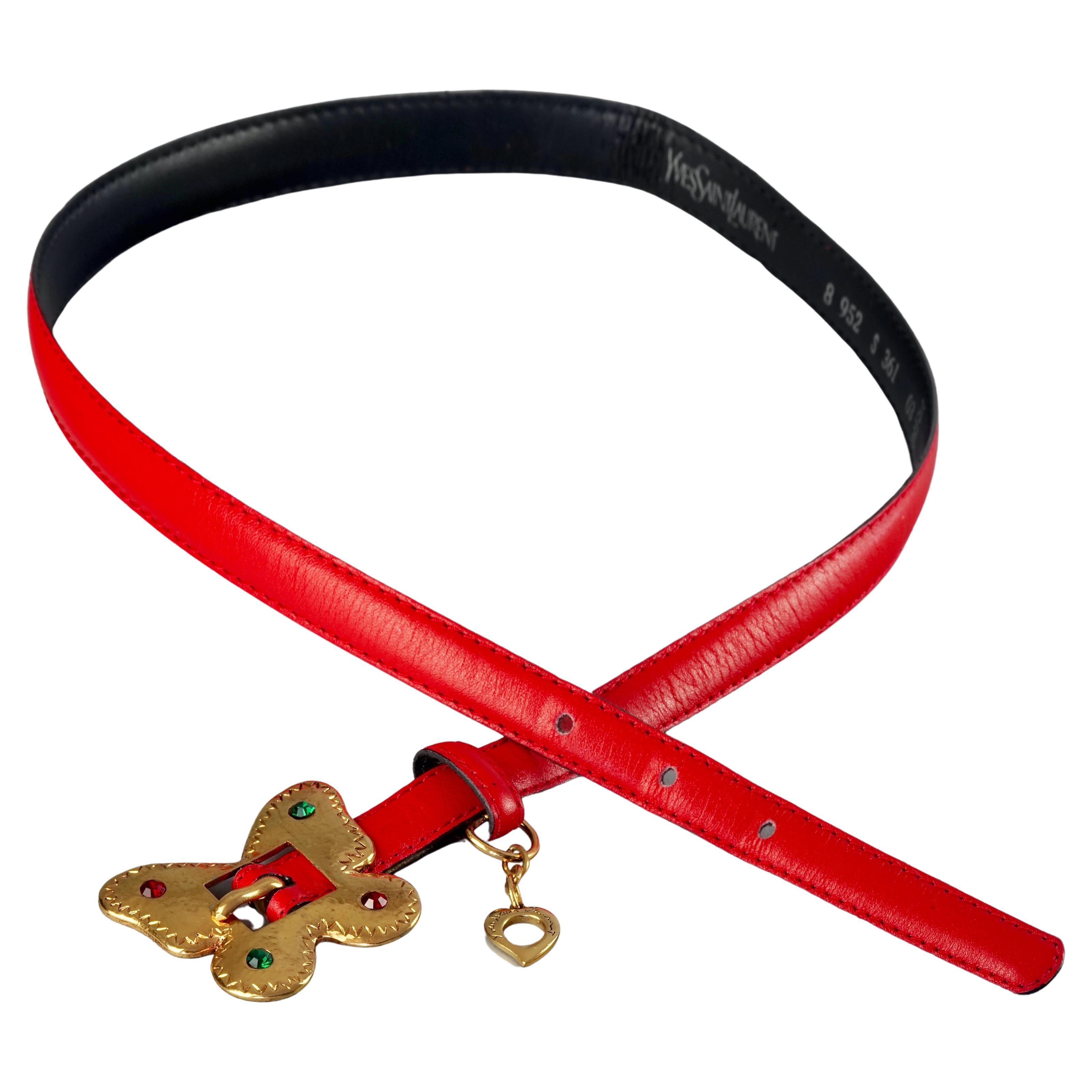 Vintage YVES SAINT LAURENT Ysl Jewelled Butterfly Red Leather Belt For Sale