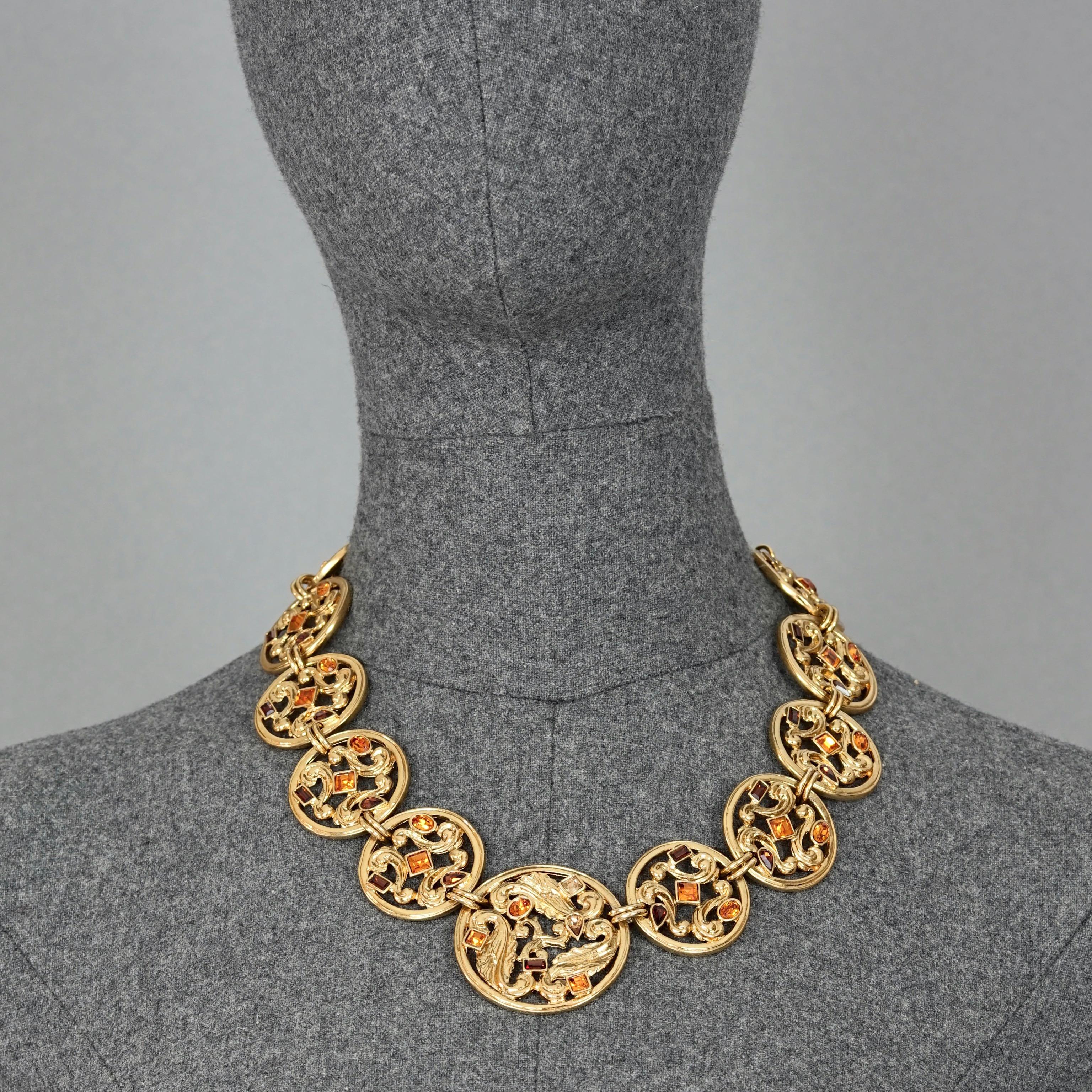 Vintage YVES SAINT LAURENT Ysl Jewelled Round Filigree Disc Necklace For Sale 2