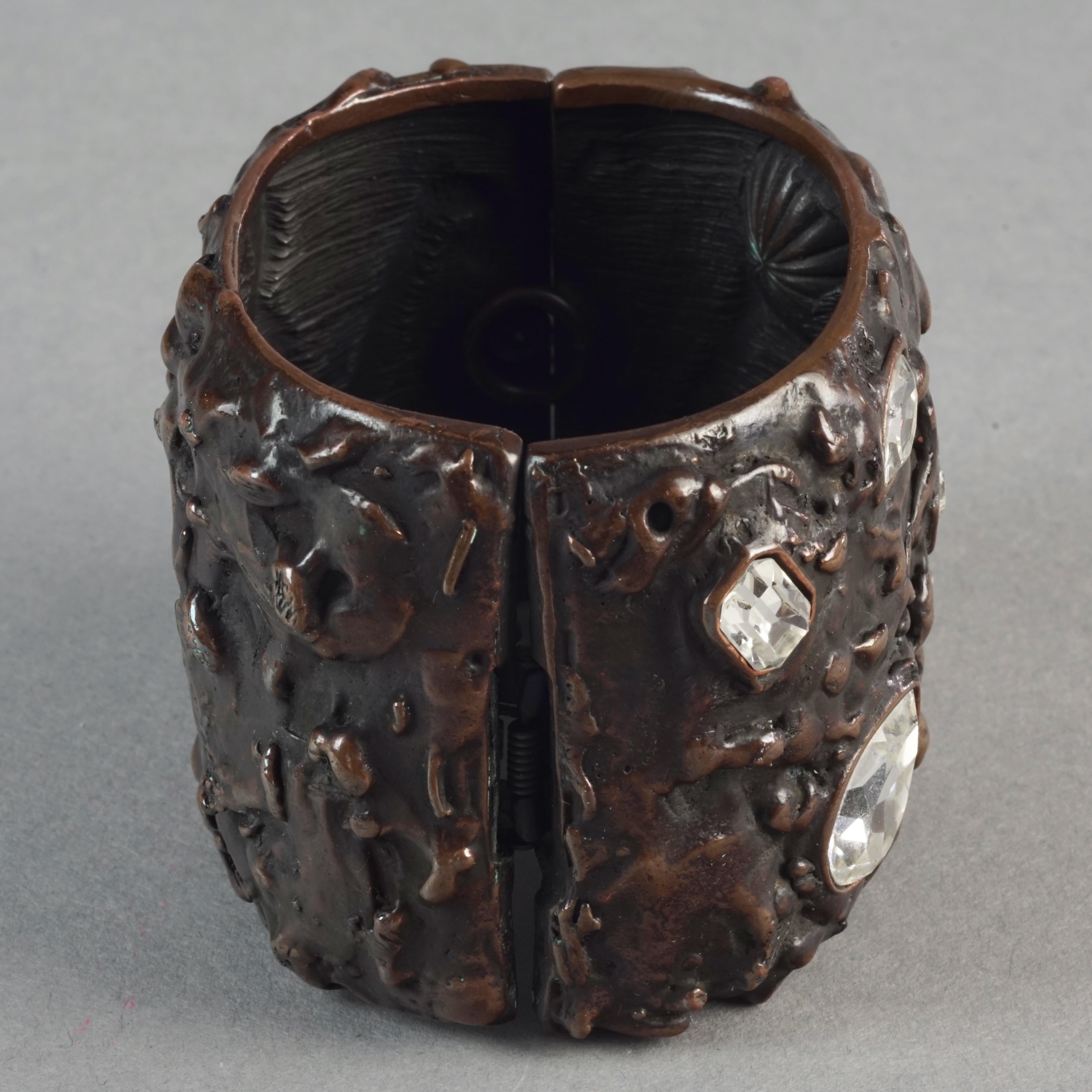 Women's Vintage YVES SAINT LAURENT Ysl Lava Textured Rhinestone Bronze Cuff Bracelet For Sale