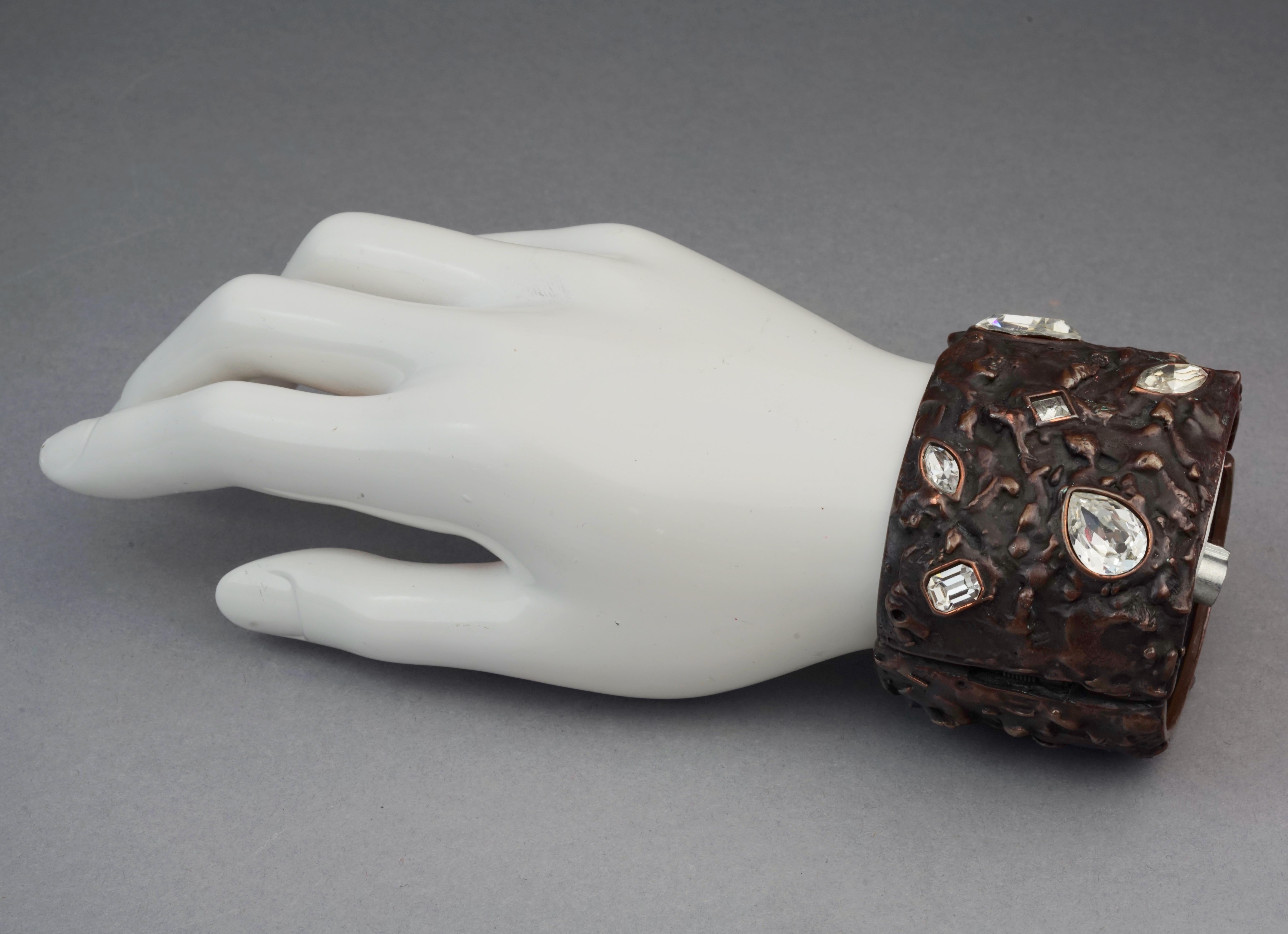 Vintage YVES SAINT LAURENT Ysl Lava Textured Rhinestone Bronze Cuff Bracelet For Sale 3