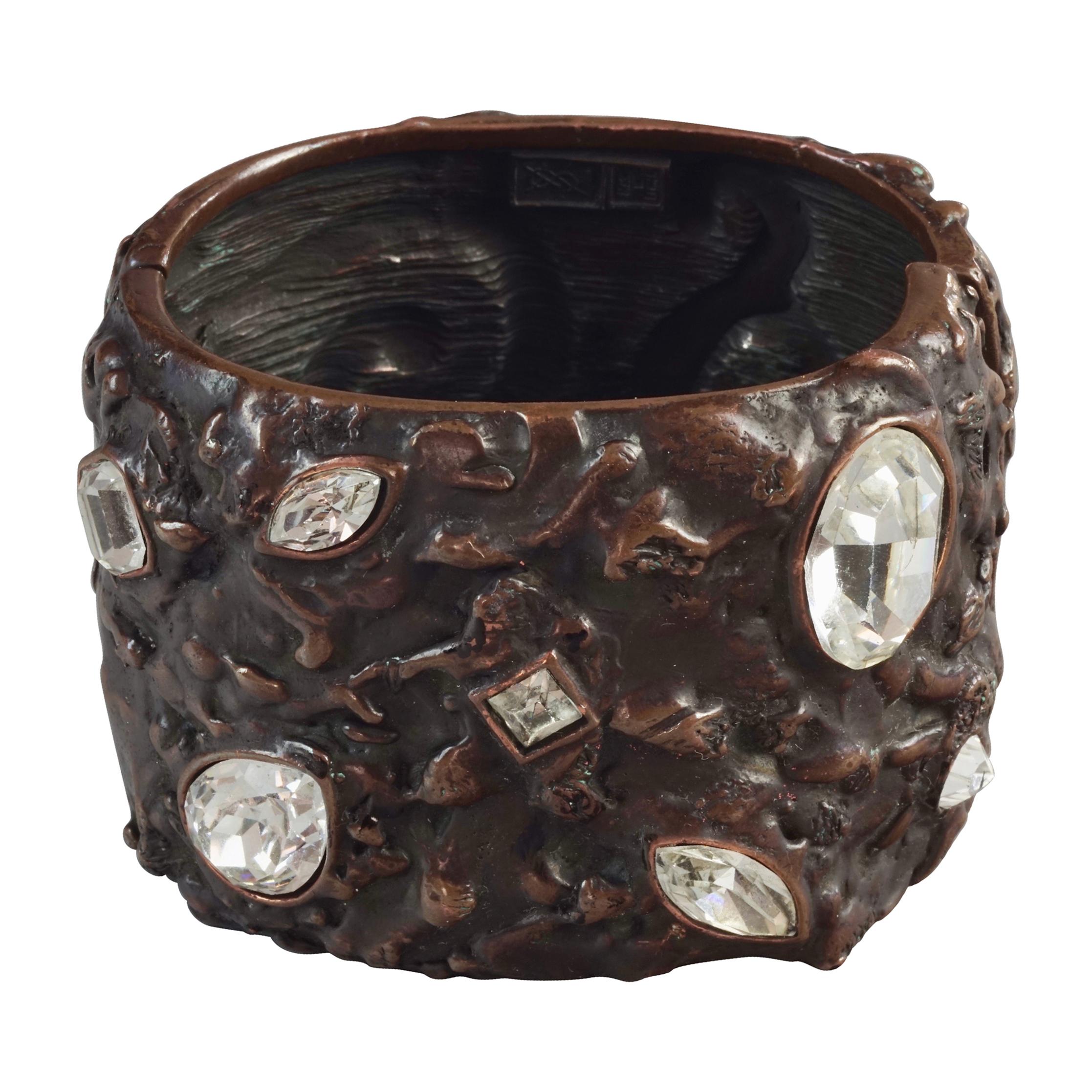 Vintage YVES SAINT LAURENT Ysl Lava Textured Rhinestone Bronze Cuff Bracelet
