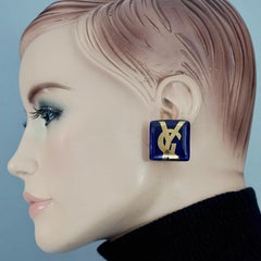 Vintage YVES SAINT LAURENT Ysl Logo Blue Ceramic Earrings