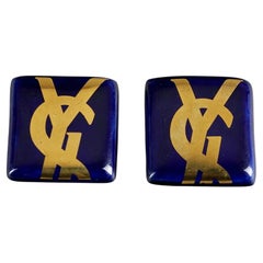 Vintage YVES SAINT LAURENT Ysl Logo Blue Ceramic Earrings