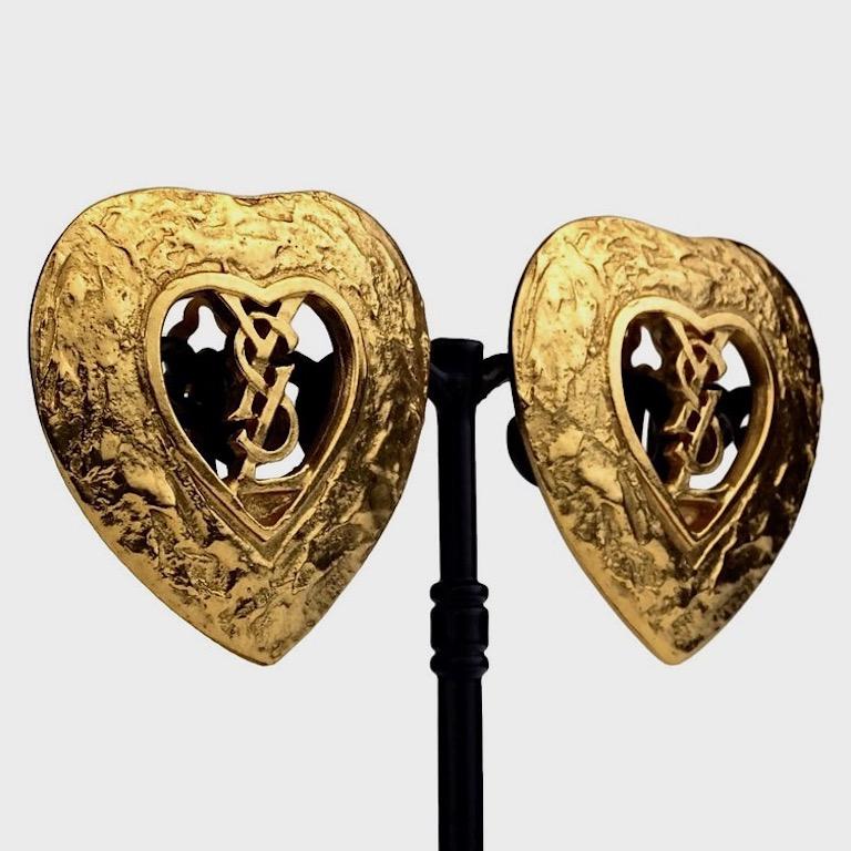 Vintage YVES SAINT LAURENT Ysl Logo Heart Openwork Earrings 1