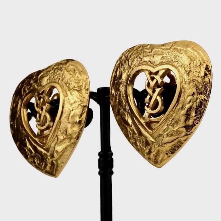 Vintage YVES SAINT LAURENT Ysl Logo Heart Openwork Earrings 2