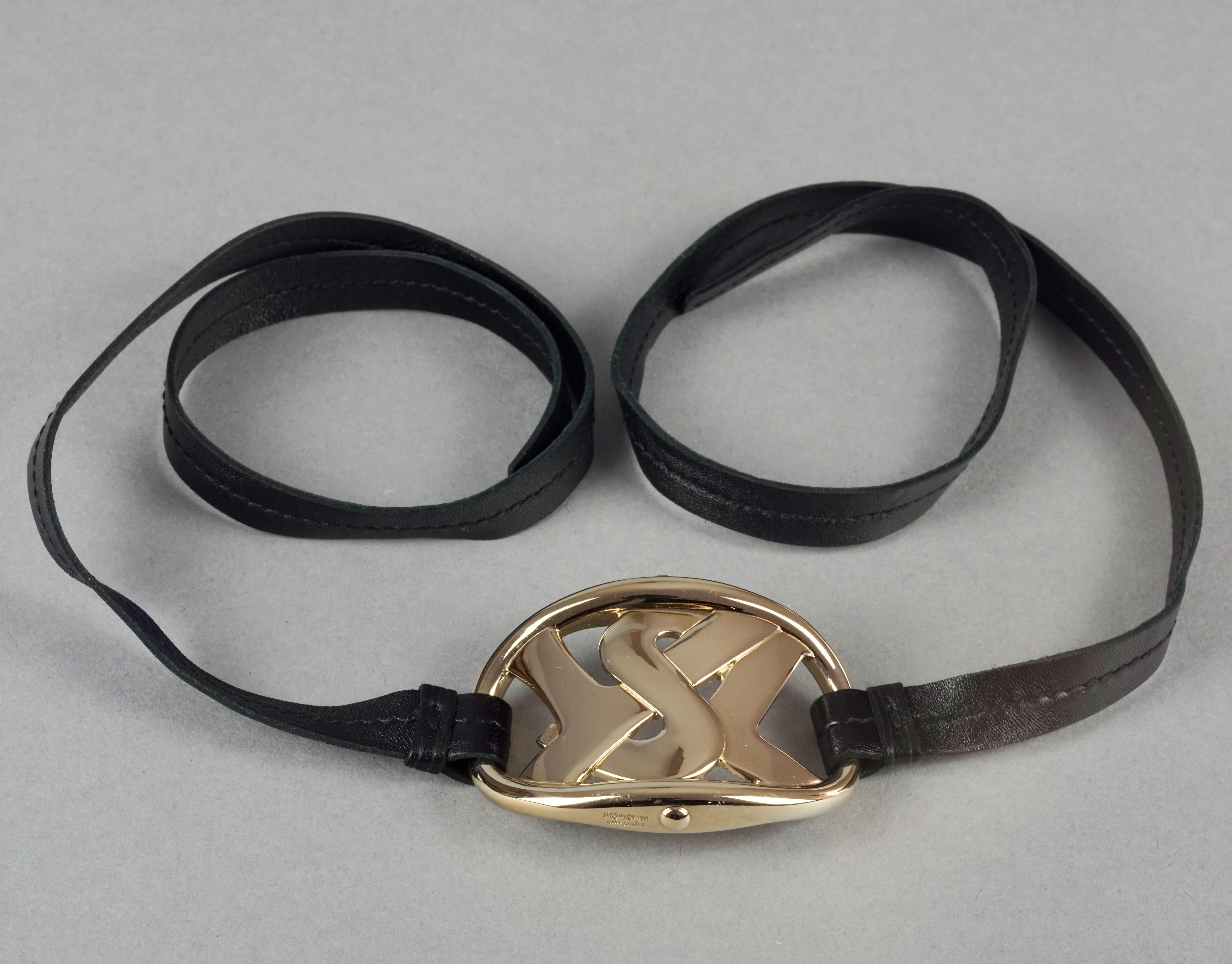 Black Vintage YVES SAINT LAURENT Ysl Logo Leather Strap Bracelet Necklace Belt