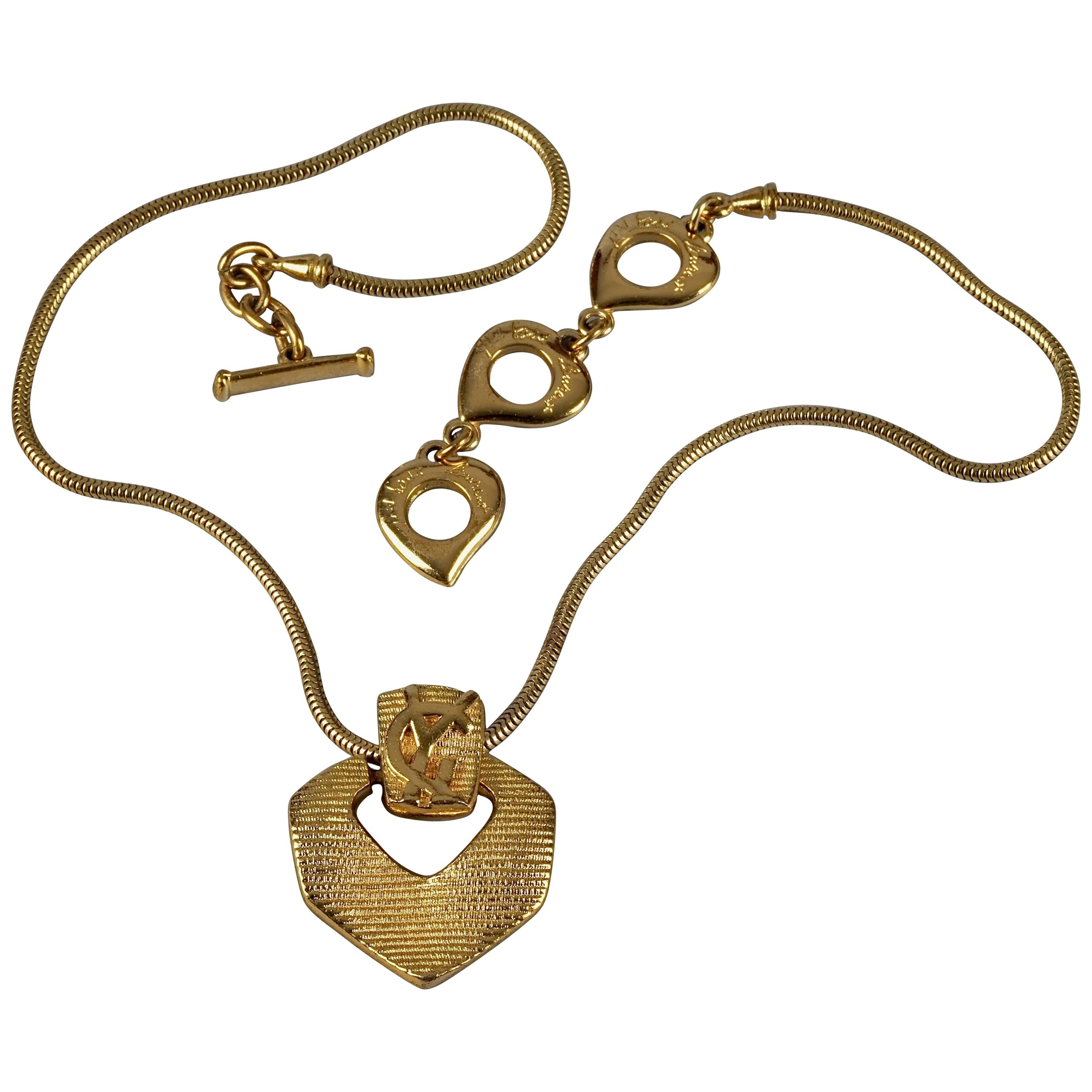 Vintage YVES SAINT LAURENT Ysl Logo Ribbed Pendant Snake Chain Necklace For Sale