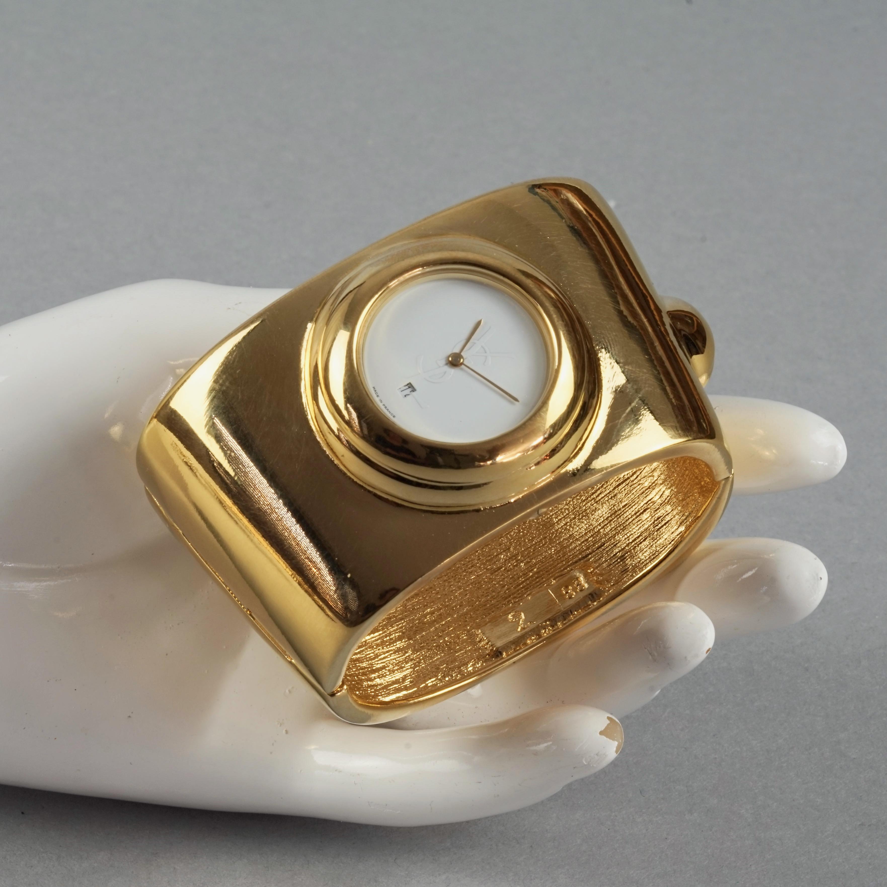 Vintage YVES SAINT LAURENT Ysl Logo Space Age Watch Clamper Cuff Bracelet 4