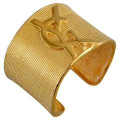 Vintage YVES SAINT LAURENT Ysl Logo Textured Gold Cuff Bracelet