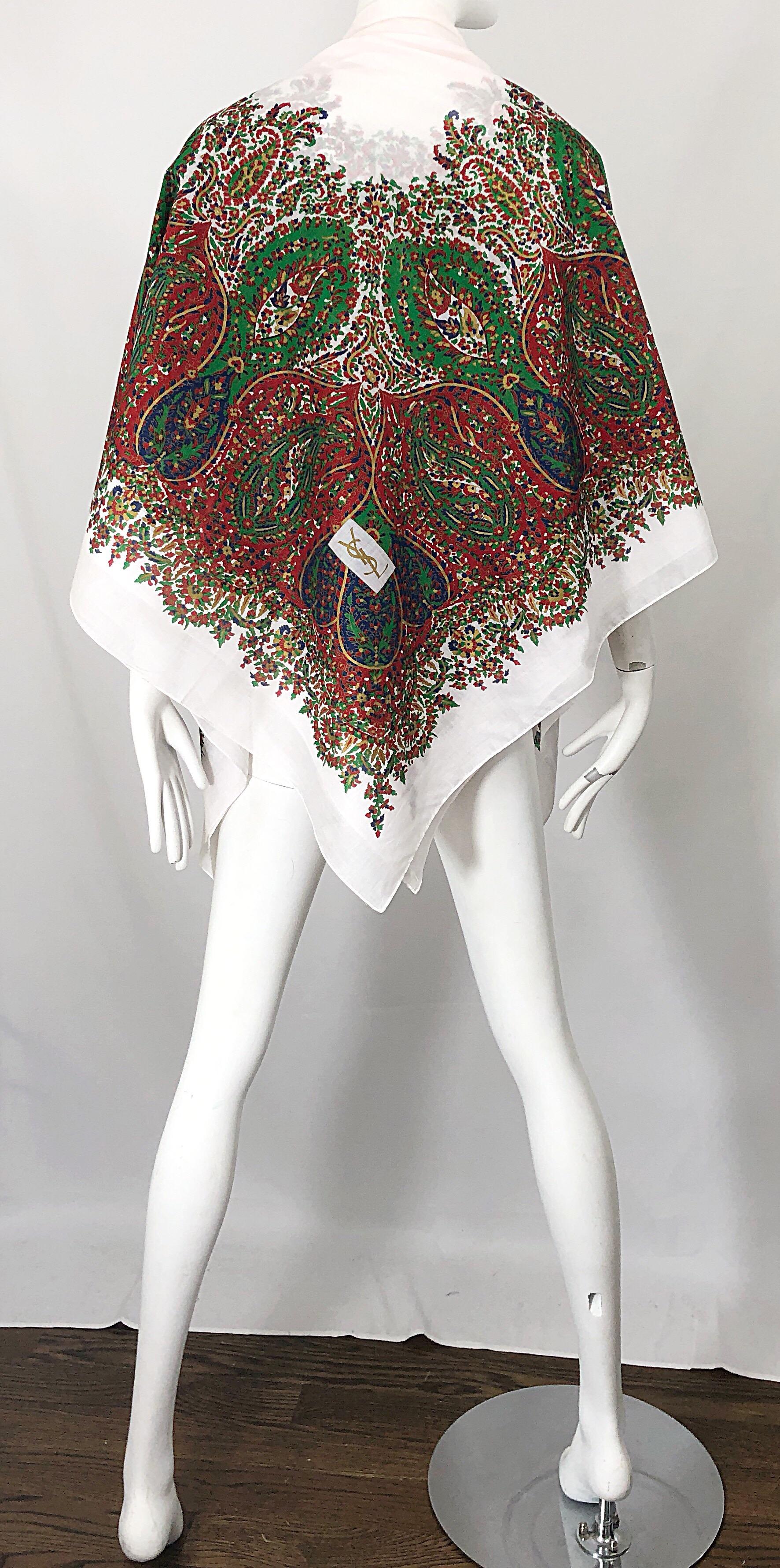 Vintage Yves Saint Laurent YSL Massive Hand Painted Paisley Cotton Shawl Scarf For Sale 5