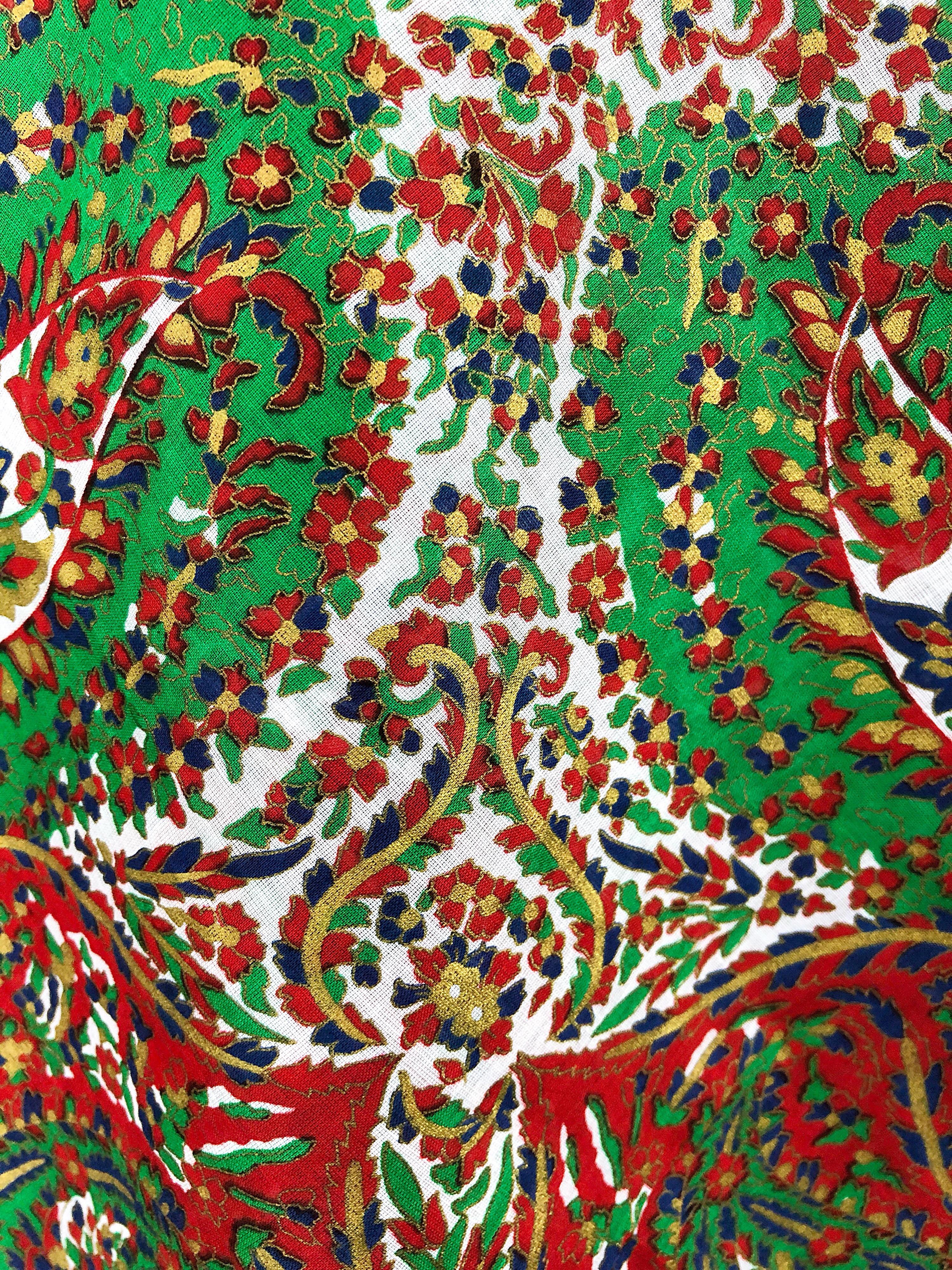 Vintage Yves Saint Laurent YSL Massive Hand Painted Paisley Cotton Shawl Scarf In Excellent Condition For Sale In San Diego, CA