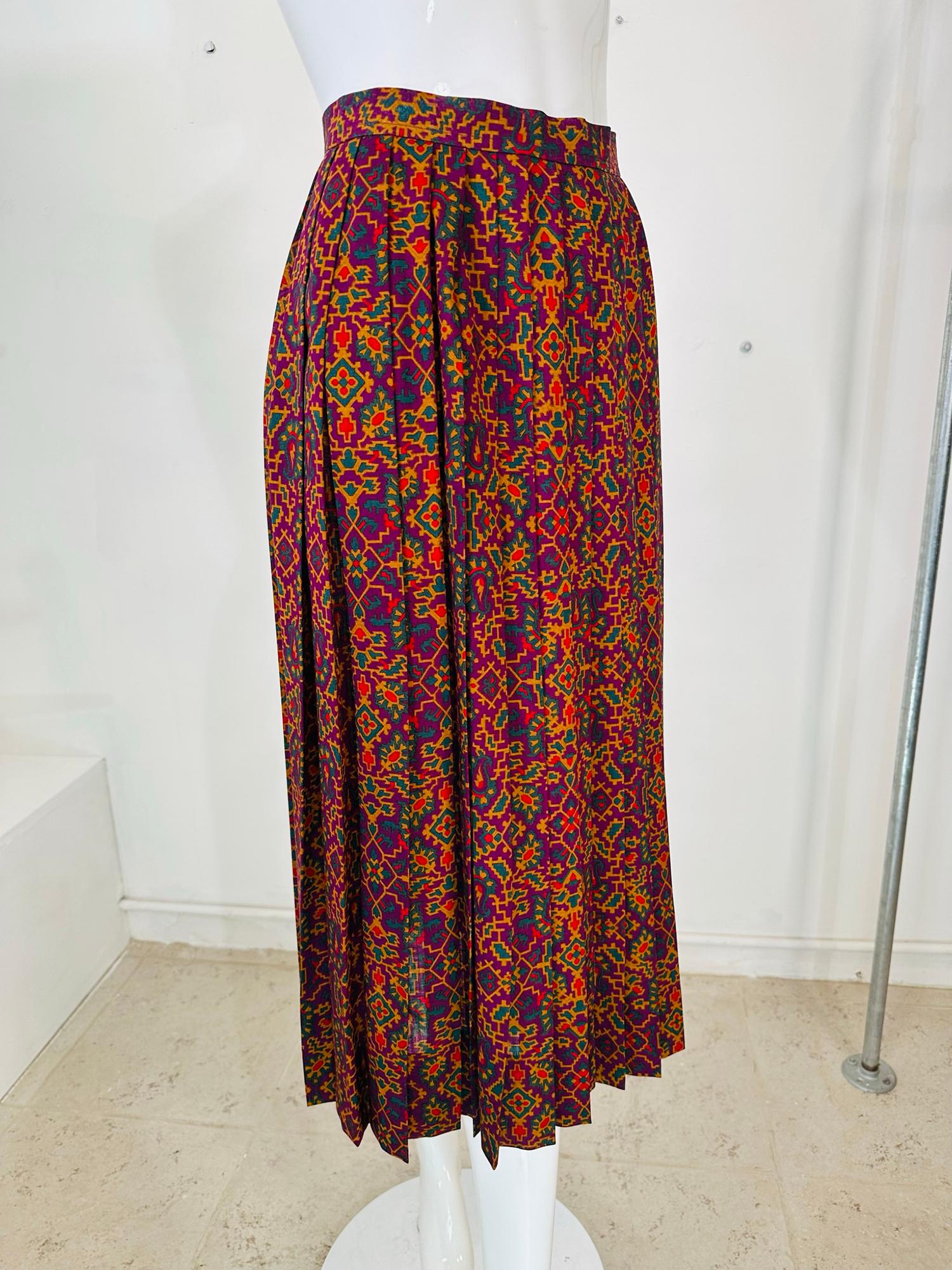 Brown Vintage Yves Saint Laurent YSL Moorish print challis knife pleated skirt 1970s For Sale