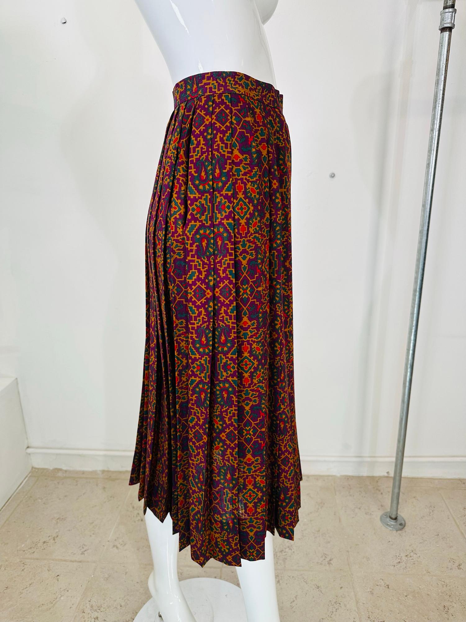 Vintage Yves Saint Laurent YSL Moorish print challis knife pleated skirt 1970s For Sale 1
