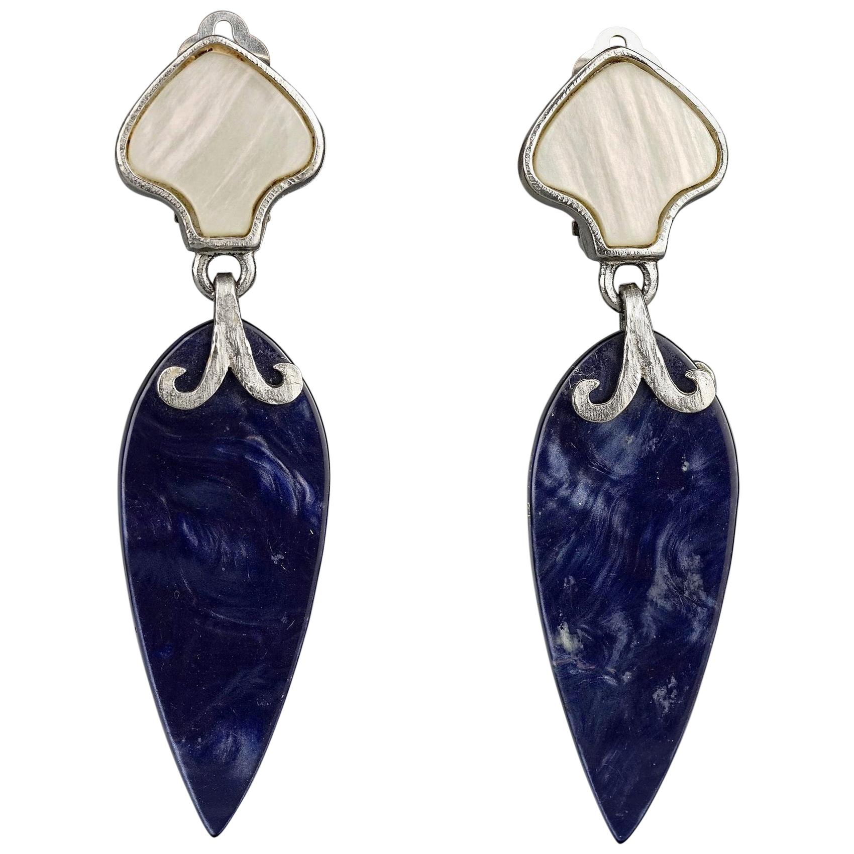 Vintage YVES SAINT LAURENT Ysl Mother of Pearl Blue Dangling Earrings For Sale