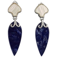 Vintage YVES SAINT LAURENT Ysl Mother of Pearl Blue Dangling Earrings