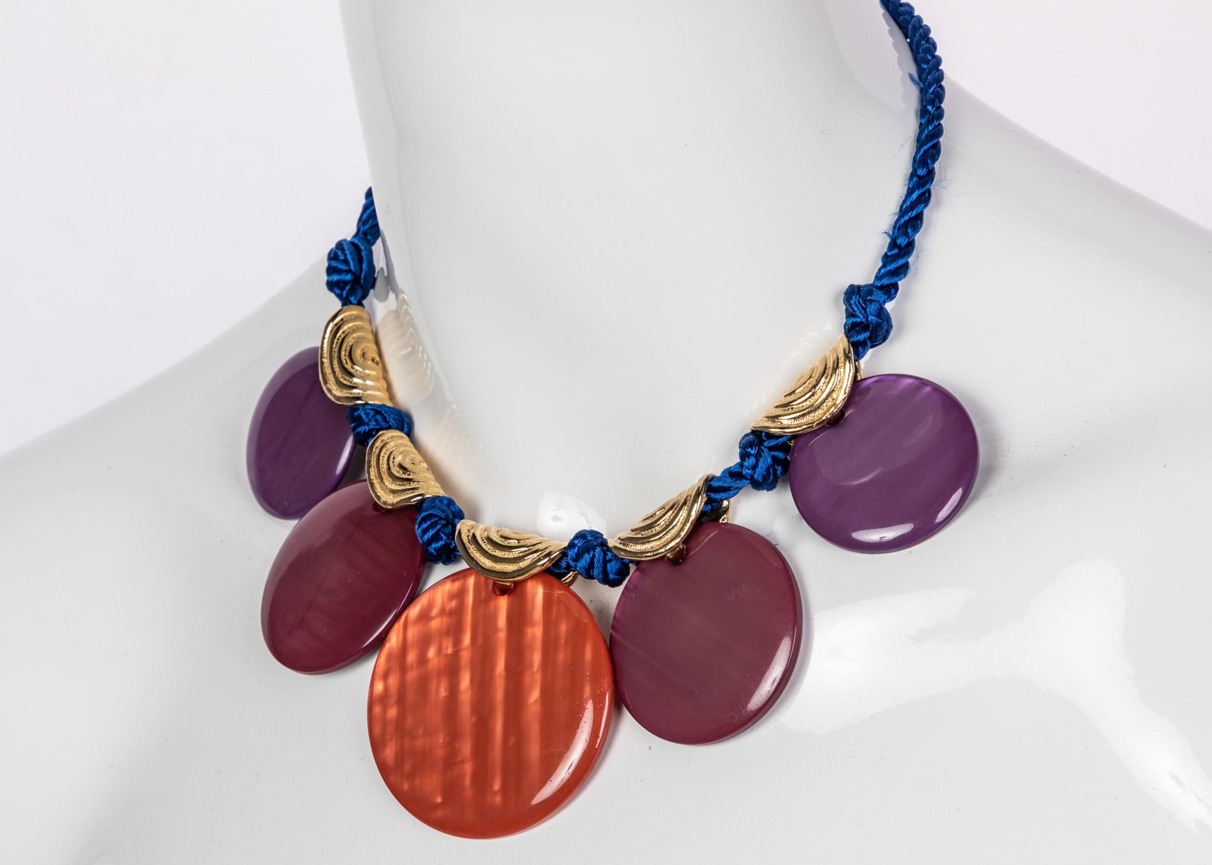 Modern Vintage Yves Saint Laurent Ysl Multi-Color Disc Silk Cord Necklace