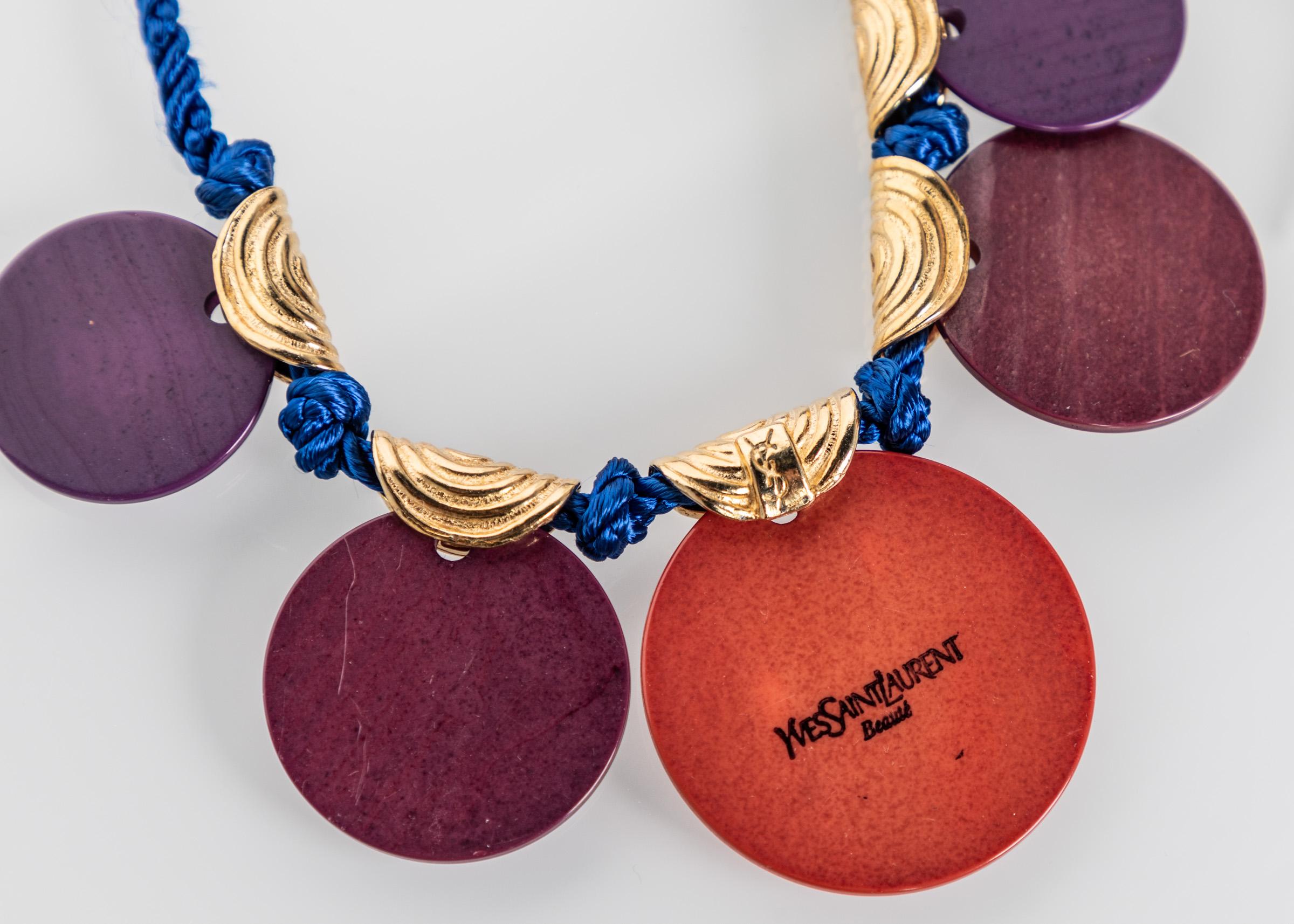 Vintage Yves Saint Laurent Ysl Multi-Color Disc Silk Cord Necklace In Excellent Condition In Boca Raton, FL